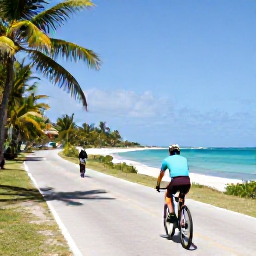Caribbean Holidays, Barbados Cycling Holidays, Cyclist riding along a quiet coastal road in Barbados in warm January sunshine, with turquoise sea and palm trees nearby