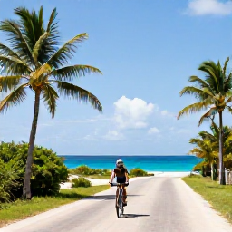 Caribbean Holidays, Barbados Cycling Holidays, Cyclist riding along a quiet coastal road in Barbados with turquoise sea, palm trees and bright Caribbean sunshine
