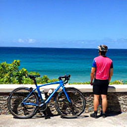 Caribbean Holidays, Barbados Cycling Holidays, Cyclist stopping at a scenic Barbados viewpoint overlooking the Atlantic coast, with a bicycle beside a low stone wall