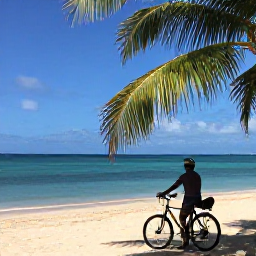 Caribbean Holidays, Barbados Cycling Holidays, Cyclist stopping beside a quiet Barbados beach, with a bicycle, golden sand, calm turquoise water and shady palms