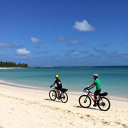 Caribbean Holidays, Barbados Cycling Holidays, Cyclist stopping beside a quiet Caribbean beach in Barbados, with bicycles, white sand and calm blue water