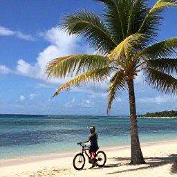 Caribbean Holidays, Barbados Cycling Holidays, Cyclist stopping beside a scenic Barbados beach, bicycle resting near a palm tree and calm blue water