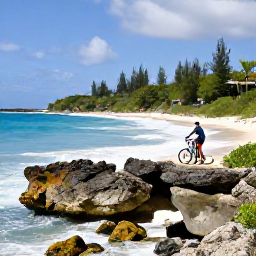 Caribbean Holidays, Barbados Cycling Holidays, Cyclist stopping beside Bathsheba coastline in Barbados, with rugged rocks, Atlantic waves and a peaceful tropical landscape