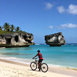 Caribbean Holidays, Barbados Cycling Holidays, Cyclist stopping beside the turquoise water at Bathsheba on Barbados east coast, with dramatic rock formations and palm trees