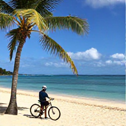 Caribbean Holidays, Barbados Cycling Holidays, Cyclist taking a break beside a peaceful Barbados beach with a bicycle, palm trees and calm Caribbean water