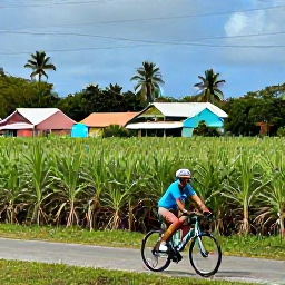 Caribbean Holidays, Barbados Cycling Holidays, Cyclist travelling through a colourful Barbadian village with sugar cane fields and traditional houses in the background