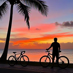 Caribbean Holidays, Barbados Cycling Holidays, Cyclist watching a colourful Barbados sunset beside the sea, with palm silhouettes and a bicycle in the foreground