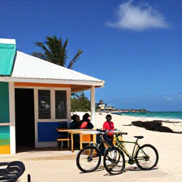 Caribbean Holidays, Barbados Cycling Holidays, Cyclists resting at a Barbados beach caf&eacute; with bicycles nearby, colourful buildings and tropical sea views