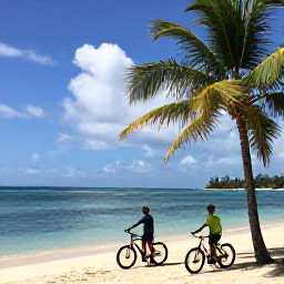 Caribbean Holidays, Barbados Cycling Holidays, Cyclists stopping beside a scenic Barbados beach, with bicycles parked near palm trees and calm blue Caribbean water