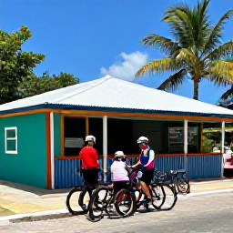 Caribbean Holidays, Barbados Cycling Holidays, Friendly cyclists enjoying a December rest stop outside a colourful Barbados caf&eacute;, with bicycles and tropical island surroundings