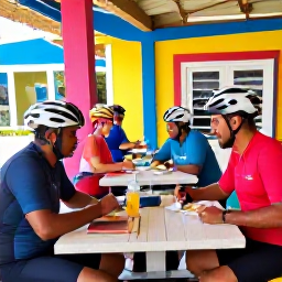 Caribbean Holidays, Barbados Cycling Holidays, Friendly cyclists enjoying a relaxed lunch at a colourful Barbados cafe after a morning ride