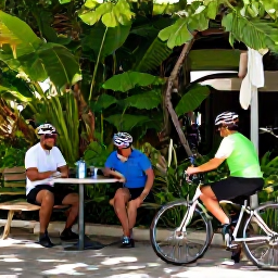 Caribbean Holidays, Barbados Cycling Holidays, Friendly cyclists enjoying a shaded rest stop in Barbados, with tropical plants, refreshments and bicycles nearby