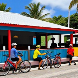 Caribbean Holidays, Barbados Cycling Holidays, Friendly cyclists taking a break outside a colourful Barbados caf&eacute;, with bicycles parked nearby and tropical scenery