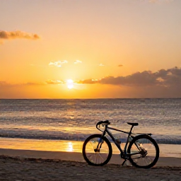 Caribbean Holidays, Barbados Cycling Holidays, Golden sunset over a Barbados beach with a touring bicycle resting on the sand, creating a peaceful end to an active holiday