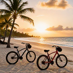 Caribbean Holidays, Barbados Cycling Holidays, Golden sunset over a Barbados beach with bicycles resting nearby and a relaxed Caribbean holiday atmosphere