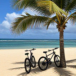 Caribbean Holidays, Barbados Cycling Holidays, Relaxed Barbados beach scene after a cycling excursion, with bicycles near a shaded palm tree, golden sand and calm turquoise water