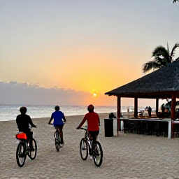 Caribbean Holidays, Barbados Cycling Holidays, Relaxed Barbados evening after a cycling tour, with travellers enjoying fresh seafood at a beachfront restaurant as the sun sets