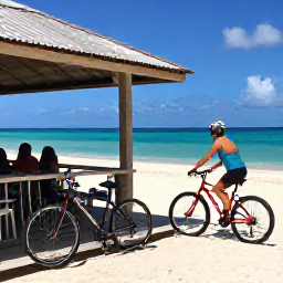 Caribbean Holidays, Barbados Cycling Holidays, Relaxed cyclist enjoying a beachfront caf&eacute; in Barbados after a morning ride, with bicycles parked nearby and turquoise water beyond