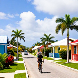Caribbean Holidays, Barbados Cycling Holidays, Road cyclist passing colourful Barbadian houses and tropical gardens on a quiet island lane