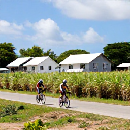 Caribbean Holidays, Barbados Cycling Holidays, Road cyclist passing green sugar cane fields and traditional Bajan houses on a sunny Barbados country lane