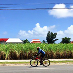 Caribbean Holidays, Barbados Cycling Holidays, Road cyclist passing sugar cane fields and traditional Bajan homes on a sunny Barbados lane