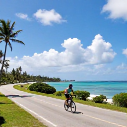 Caribbean Holidays, Barbados Cycling Holidays, Road cyclist riding along a quiet coastal road in Barbados beneath a bright November sky, with turquoise sea and palm trees