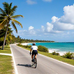 Caribbean Holidays, Barbados Cycling Holidays, Road cyclist riding along a quiet coastal road in Barbados during February, with turquoise sea and palm trees