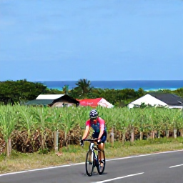 Caribbean Holidays, Barbados Cycling Holidays, Road cyclist travelling through lush Barbados countryside with sugar cane fields, traditional houses and a distant ocean view