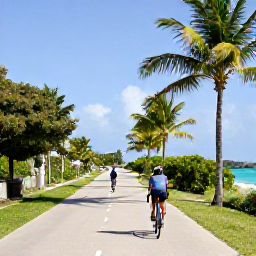 Caribbean Holidays, Barbados Cycling Holidays, Road cyclists riding along a quiet coastal road in Barbados in warm April sunshine, with palm trees and blue sea