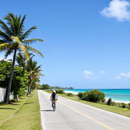 Caribbean Holidays, Barbados Cycling Holidays, Road cyclists riding along a quiet coastal road in Barbados in warm May sunshine, with turquoise sea and palm trees