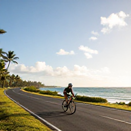 Caribbean Holidays, Barbados Cycling Holidays, Road cyclists riding along a sunny Barbados coastal road in December, with turquoise sea, palm trees and gentle morning light