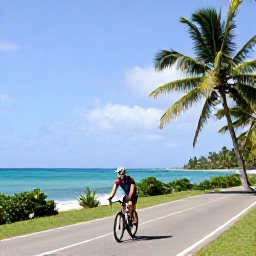 Caribbean Holidays, Barbados Cycling Holidays, Road cyclists riding along a sunny Barbados coastal road in February, with turquoise sea, palm trees and gentle trade winds