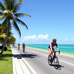 Caribbean Holidays, Barbados Cycling Holidays, Road cyclists riding along a sunny Barbados coastal road with turquoise sea, palm trees and a clear blue sky