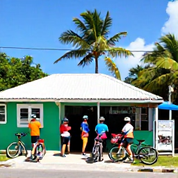 Caribbean Holidays, Barbados Cycling Holidays, Small group of cyclists taking a break outside a friendly Barbados village shop, bicycles parked nearby and tropical island surroundings