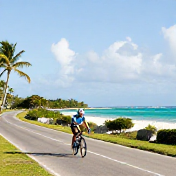 Caribbean Holidays, Barbados Cycling March, Cyclist riding along a quiet coastal road in Barbados in warm March sunshine, with turquoise sea and palm trees nearby