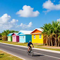 Caribbean Holidays, Barbados Cycling March, Road cyclist passing colourful Barbadian houses and sugar cane fields on a sunny island lane