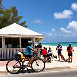 Caribbean Holidays, Barbados Cycling October, Barbados cyclists enjoying a relaxed roadside lunch near a beach, with bicycles parked beside a small Caribbean caf&eacute;