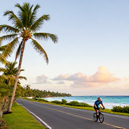 Caribbean Holidays, Barbados Cycling October, Cyclist riding along a quiet coastal road in Barbados during golden morning light, with turquoise sea and palm trees
