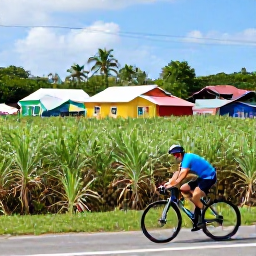 Caribbean Holidays, Barbados Cycling October, Cyclist travelling through green Barbados countryside, passing sugar cane fields, colourful houses and a small village road