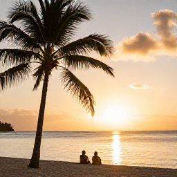 Caribbean Holidays, Barbados December, A Barbados beach at sunset in December with calm Caribbean water, golden light, palm silhouettes and a couple enjoying the view
