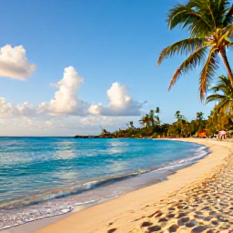 Caribbean Holidays, Barbados December, A bright December morning on a Barbados beach with calm turquoise water, golden sand and palm trees, travel photography style