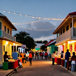 Caribbean Holidays, Barbados December, A colourful Barbados village street decorated for Christmas, with local food, friendly people and warm evening light