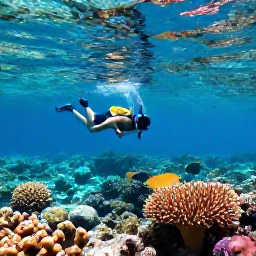 Caribbean Holidays, Barbados December, Backpacker snorkelling in clear Caribbean water beside a colourful coral reef off the coast of Barbados