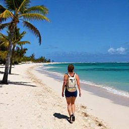 Caribbean Holidays, Barbados December, Backpacker walking along a sunny Barbados beach with a light rucksack, turquoise sea and gently waving palm trees
