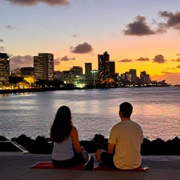 Caribbean Holidays, Barbados December Breaks, Couple enjoying a relaxed December holiday in Bridgetown, Barbados, overlooking the sea at sunset with the city lights beginning to glow