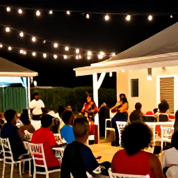 Caribbean Holidays, Barbados December Breaks, Festive evening in Bridgetown, Barbados, with twinkling lights, outdoor dining, live music and visitors enjoying the December atmosphere