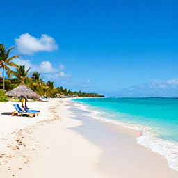 Caribbean Holidays, Barbados December, Calm turquoise water lapping a soft white beach on the west coast of Barbados, sun loungers and palm shade