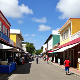 Caribbean Holidays, Barbados December, Colourful Bridgetown street scene in December with local market stalls, historic buildings and backpackers exploring