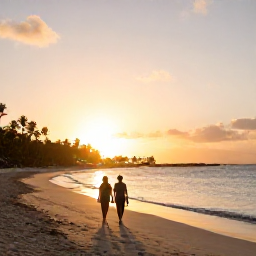Caribbean Holidays, Barbados December, Couple walking along a quiet Barbados beach at sunset, warm light, calm sea and distant palm trees
