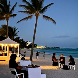 Caribbean Holidays, Barbados December, Festive Barbados beach evening with warm lights, local food, live music and palm trees beside the sea